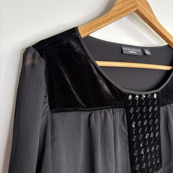 Susan Graver Artisan Women Blouse 12 Black Velvet Velour Chiffon Cocktail Mature - Picture 2 of 11